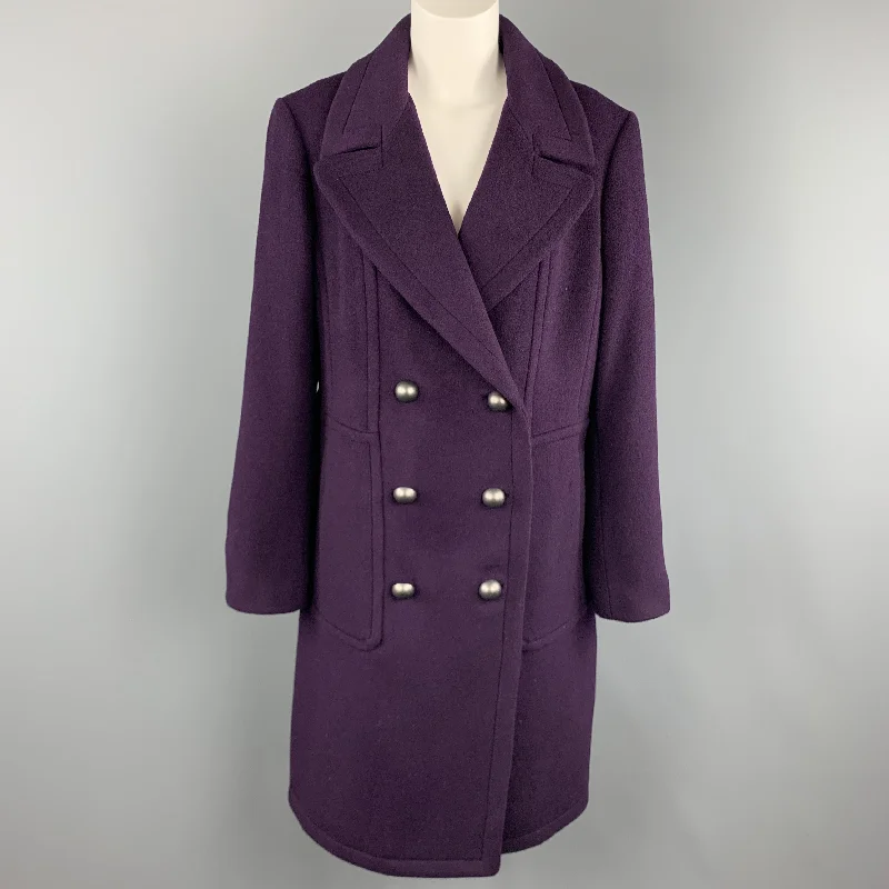 ELIE TAHARI Size L Purple Wool Blend Double Breasted Metal Button Coat Bomber Denim Leather