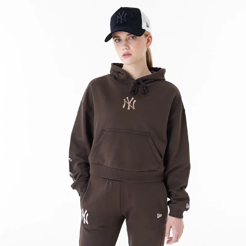 New York Yankees MLB Lifestyle Brown Womens Crop Pullover Hoodie Bishop Sleeve Elegant