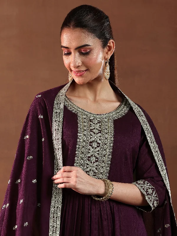 Wine Yoke Design Silk Blend A-Line Kurta With Trousers & Dupatta Trousers Bootcut Casual Wine Yoke Design Silk Blend A-Line Kurta With Trousers & Dupatta Trousers Bootcut Casual