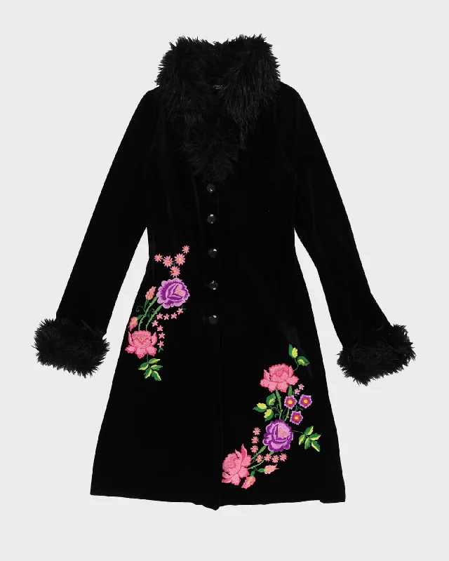 Betsey Johnson Black Velvet Embroidered Coat - XS Coat Overcoat Trench Coat