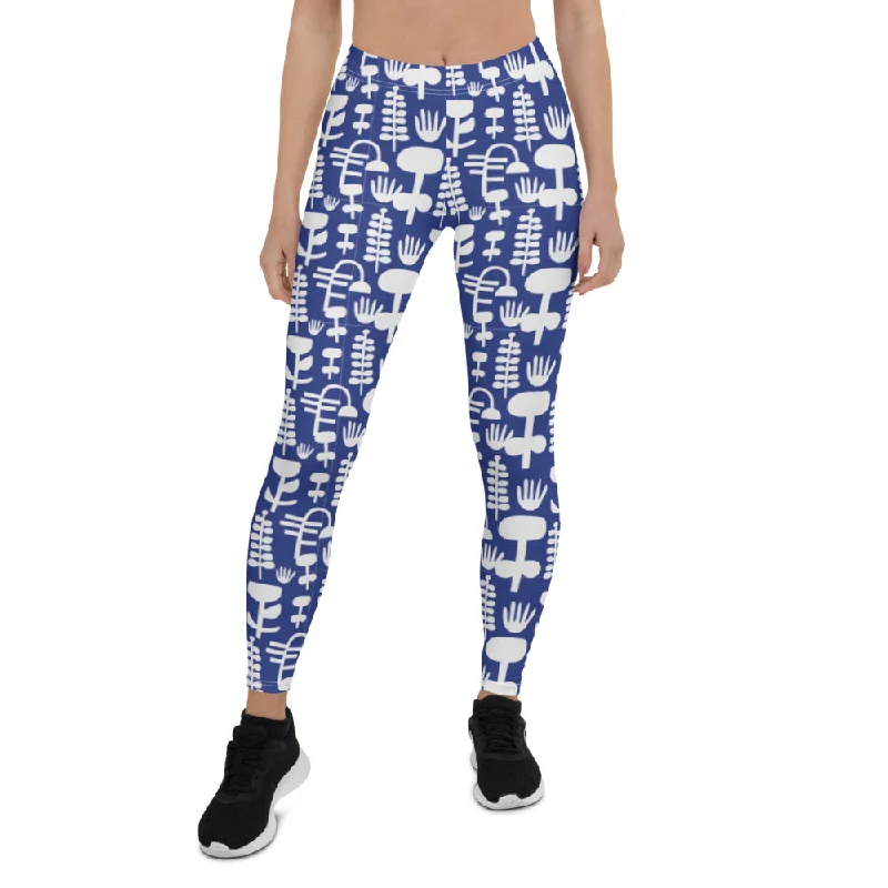 Linnea Scandinavian Blue and White Pattern Leggings Fashionable Sports Compression Leggings