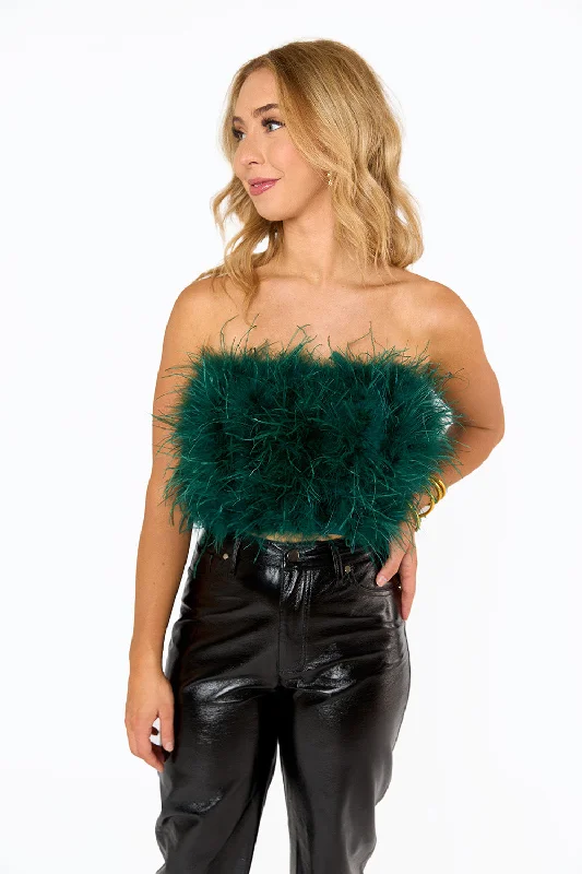 Fancy Strapless Feather Crop Top - Emerald Mesh Canvas Denim