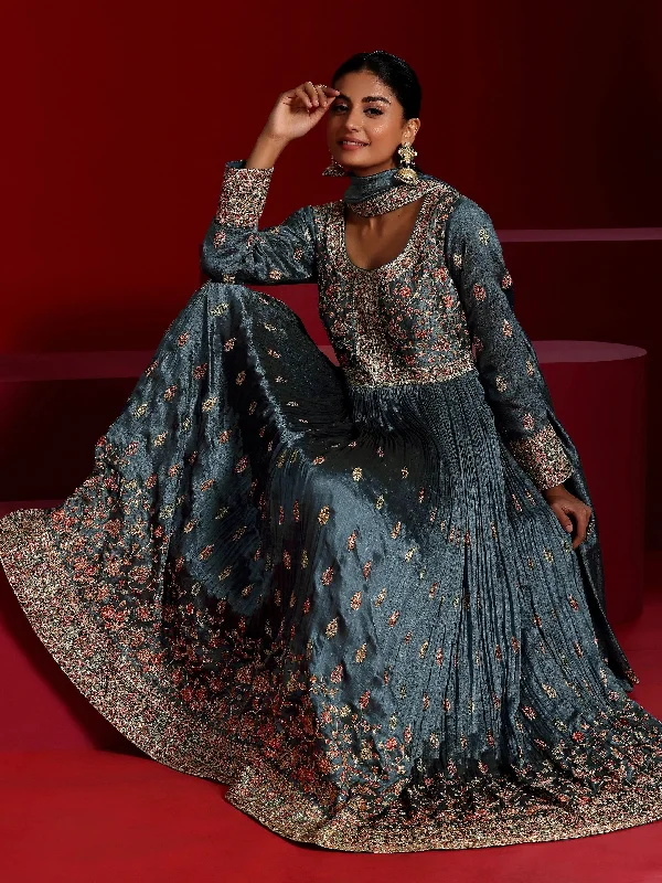 Libas Art Blue Embroidered Silk Blend A-Line Kurta With Trousers & Dupatta Trousers Denim Distressed