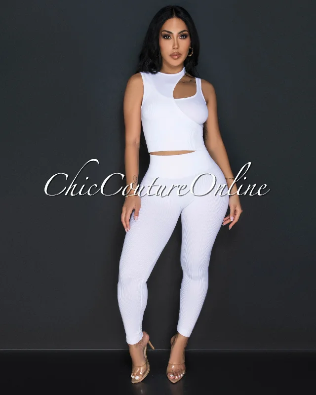 Vina White Key-Hole Ribbed Sculption Top & Leggings Set Elegant Sheer Leggings