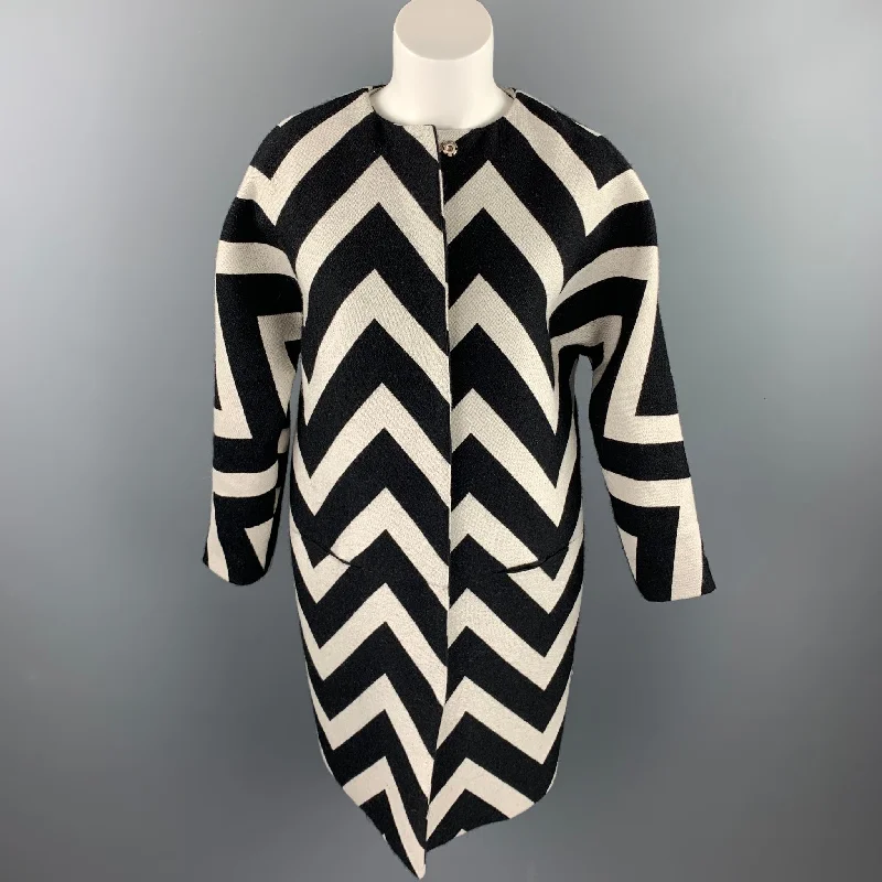 MSGM Size 6 Black & White Chevron Wool / Silk Collarless Coat Turtleneck Wrap Cape