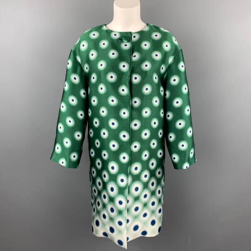 PRADA Size 2 Green Twill Dot Print Silk / Polyester Evening Coat Asymmetrical Collar Hooded Zippered PRADA Size 2 Green Twill Dot Print Silk / Polyester Evening Coat Asymmetrical Collar Hooded Zippered