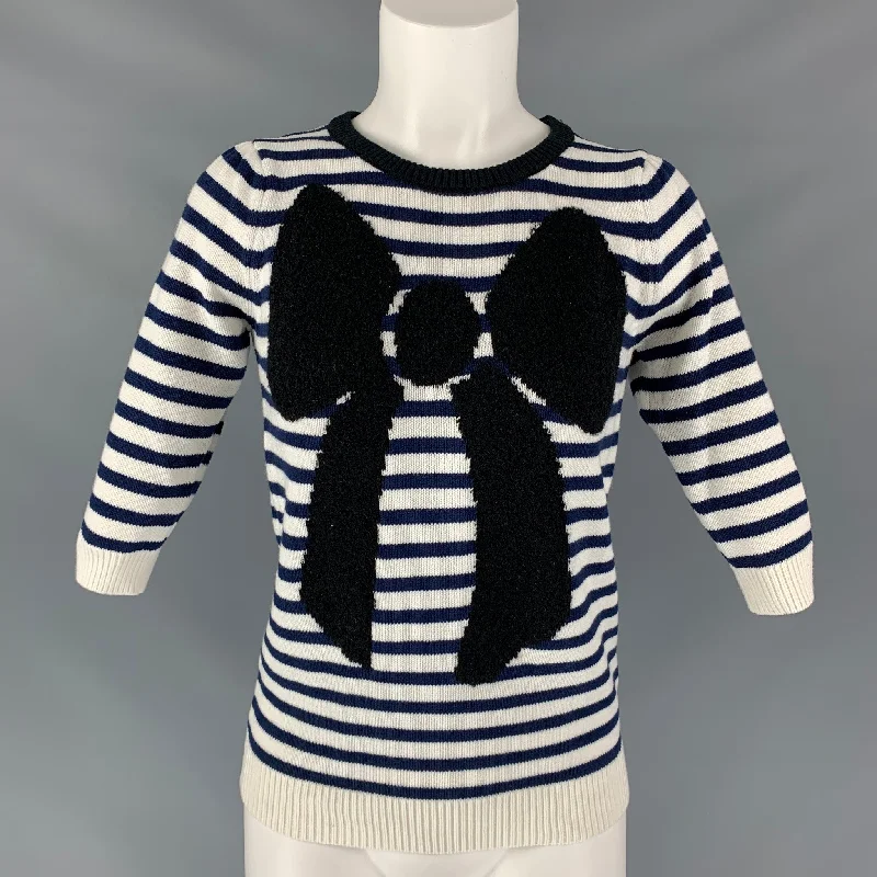MANOUSH Size XS White &  Navy Cotton Blend Striped Bow Short Sleeve Pullover Set Sleeve Pullover