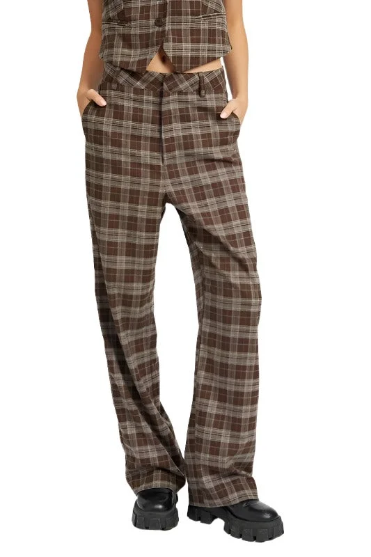 Womens Dark Brown Plaid High Waist Trouser Pants Trousers Fleece Cozy