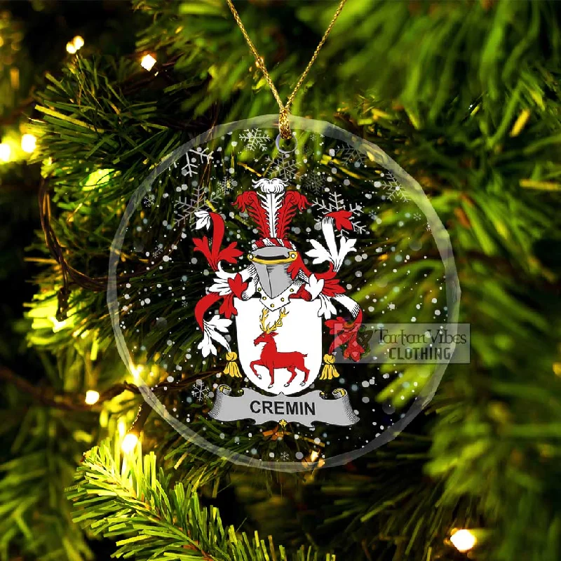 Cremin Irish Clan Christmas Glass Ornament with Coat of Arms Tie-Waist Belted Drawstring