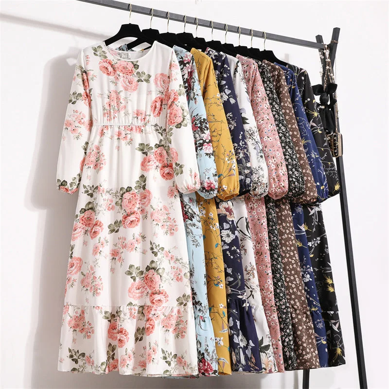 Women's Round Neck Long Sleeve Pullover Floral Dress Cable Knit Chunky