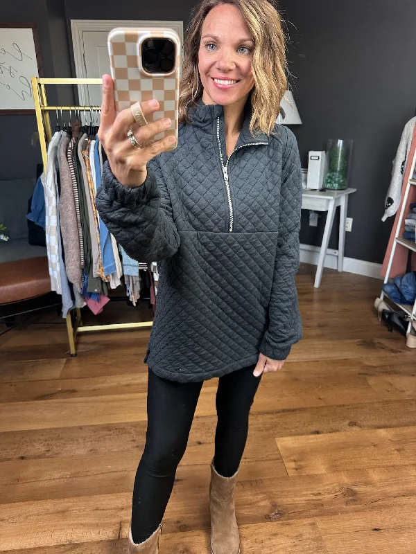 Check Point 1/2 Zip Quilted Pullover - Charcoal Shawl Collar Sweater