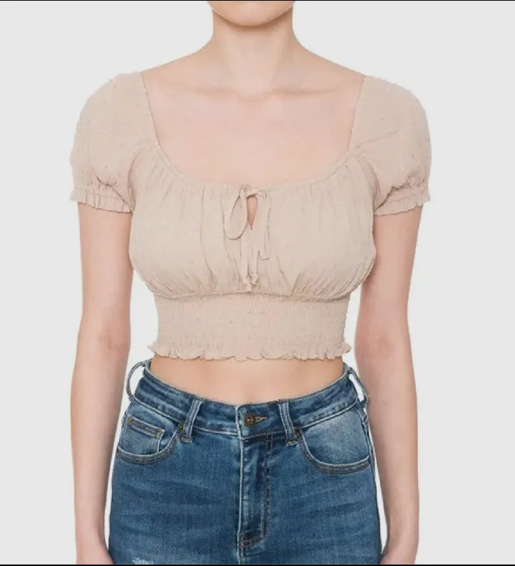 Ruffled Smocked Short Puff Sleeve Peasant Crop Top Mesh Canvas Denim