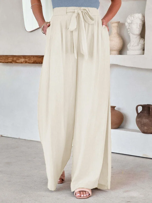 Women's Solid Color Drawstring Knot Wide Leg Trousers Wide Leg Loose Fit Mid Waist