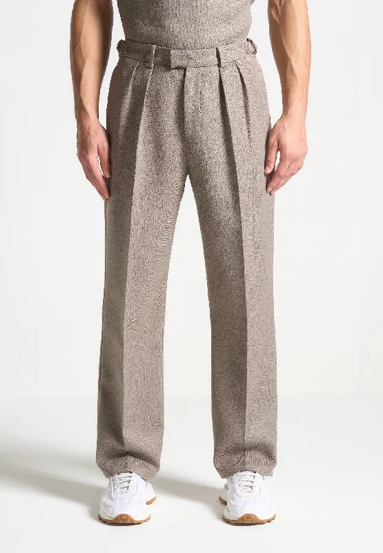 Relaxed Fit Textured Pleated Tailored Trousers - Taupe Trousers Elastic Waist Soft