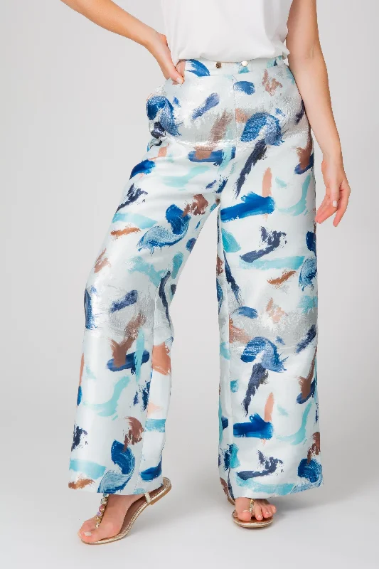 Artistic Brush Wide-Leg Trousers in Blue Trousers Essential Wardrobe
