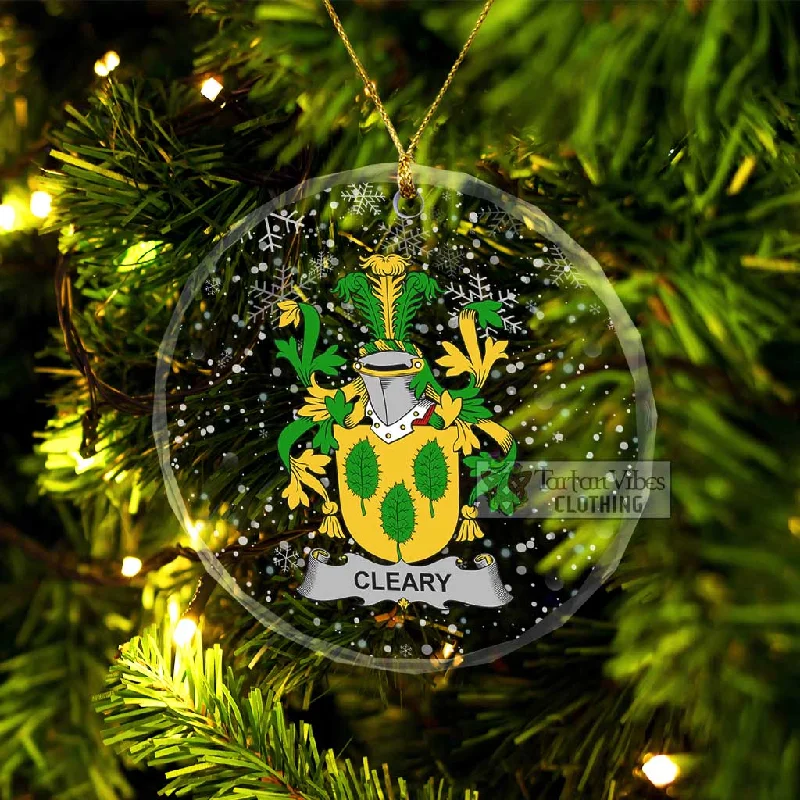 Cleary Irish Clan Christmas Glass Ornament with Coat of Arms Sequined Lace Ribbed