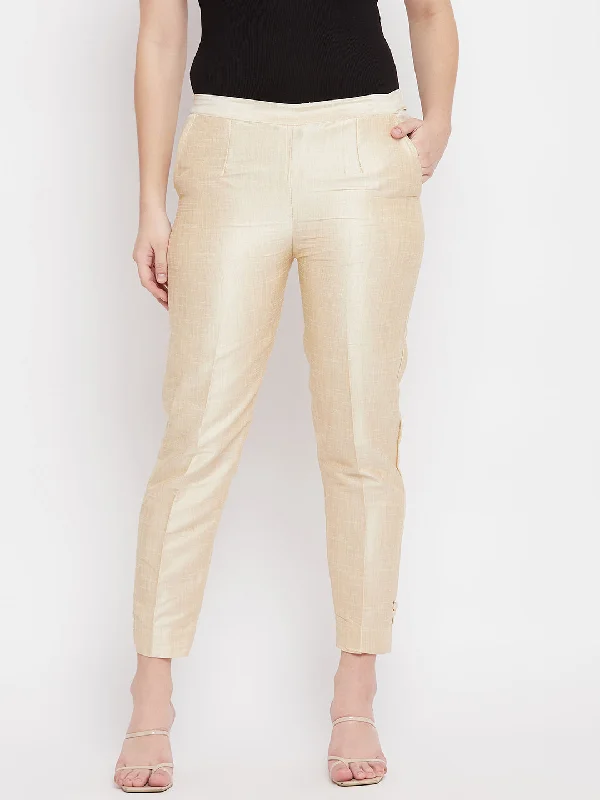 Women Light Fawn Solid Silk Trouser Trousers Mesh Breathable