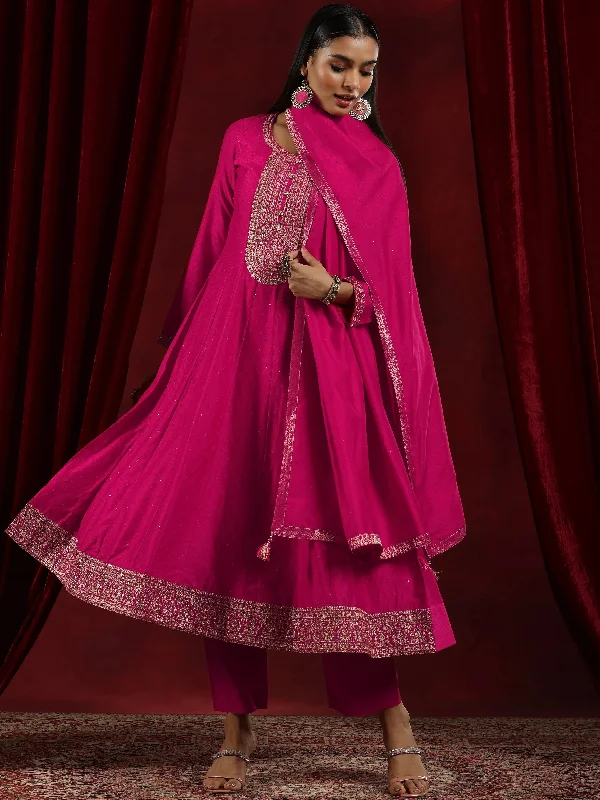 Libas Art Pink Embroidered Silk Blend A-Line Kurta With Trousers & Dupatta Trousers Hiking Durable