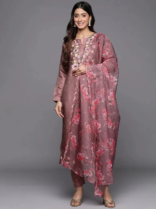 Mauve Yoke Design Silk Blend Straight Kurta With Trousers & Dupatta Trousers luxurious high-end Mauve Yoke Design Silk Blend Straight Kurta With Trousers & Dupatta Trousers luxurious high-end