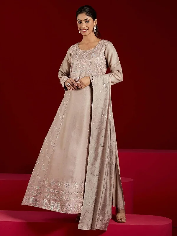 Libas Art Taupe Embroidered Silk Blend A-Line Kurta With Trousers & Dupatta Trousers Tapered Slim Fit Libas Art Taupe Embroidered Silk Blend A-Line Kurta With Trousers & Dupatta Trousers Tapered Slim Fit