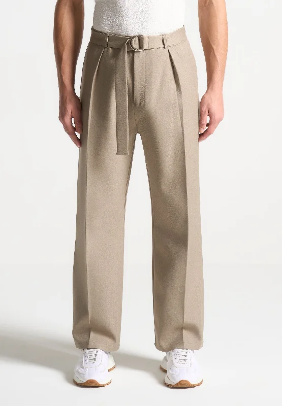 Relaxed Fit Textured Belted Tailored Trousers - Beige Trousers practical easy-care