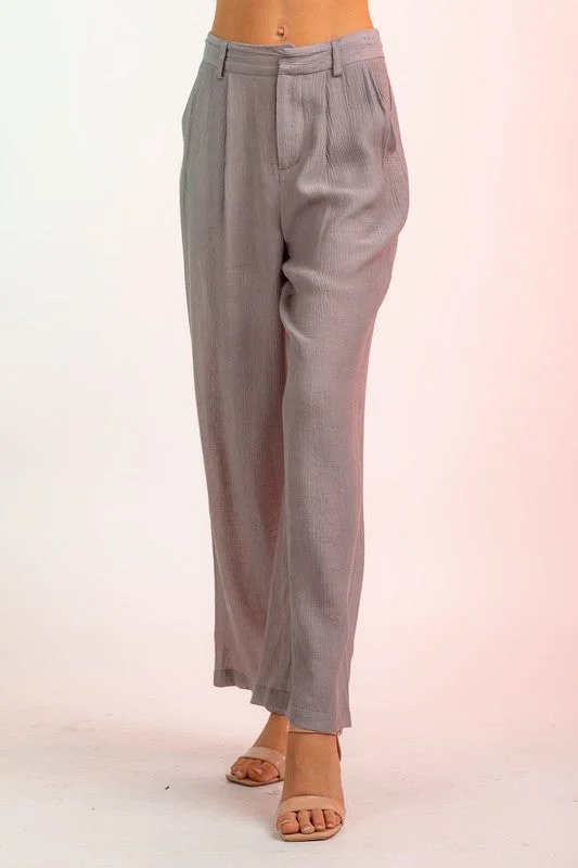 High Waisted Flowy Trouser Pants with Pockets - Grey Trousers Silk Elegant