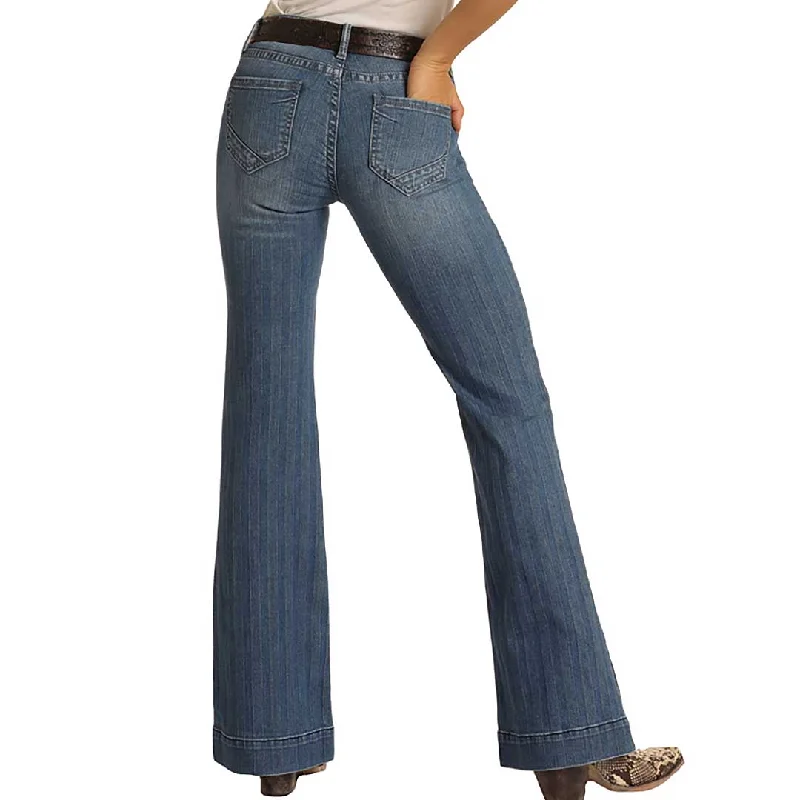 Rock & Roll Cowgirl Women's Mid Rise Stripe Flare Leg Trouser Trousers Party Sparkling