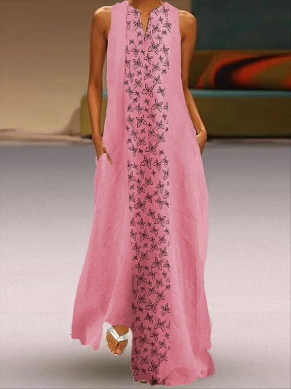 Bohemian Butterfly Printed V-neck Pullover Sleeveless Dress Bateau Neck Pullover
