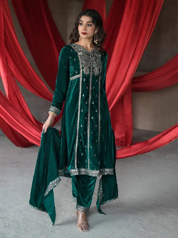 Green Embroidered Velvet A-line Kurta  With Trousers & Dupatta Trousers Satin Smooth