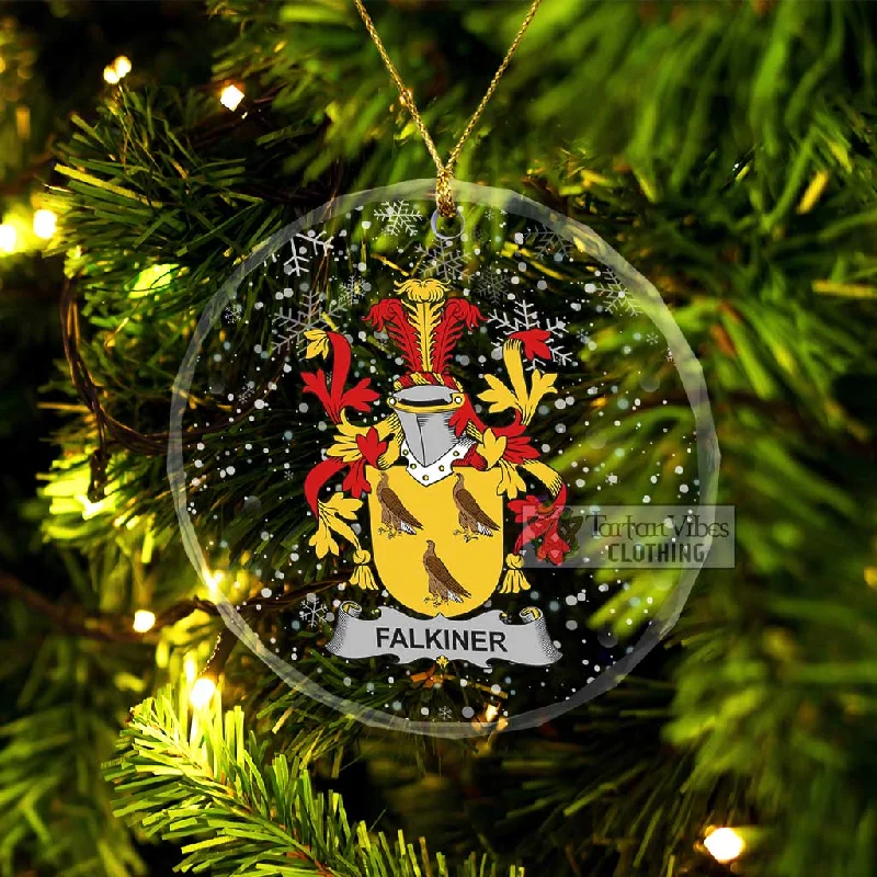 Falkiner Irish Clan Christmas Glass Ornament with Coat of Arms Plaid Tartan Floral