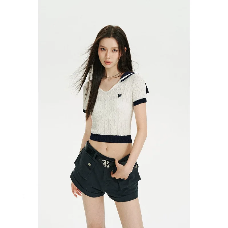 White Knit Crop Top With Embroidered Sailor Collar Hooded Caped Shawl Collar
