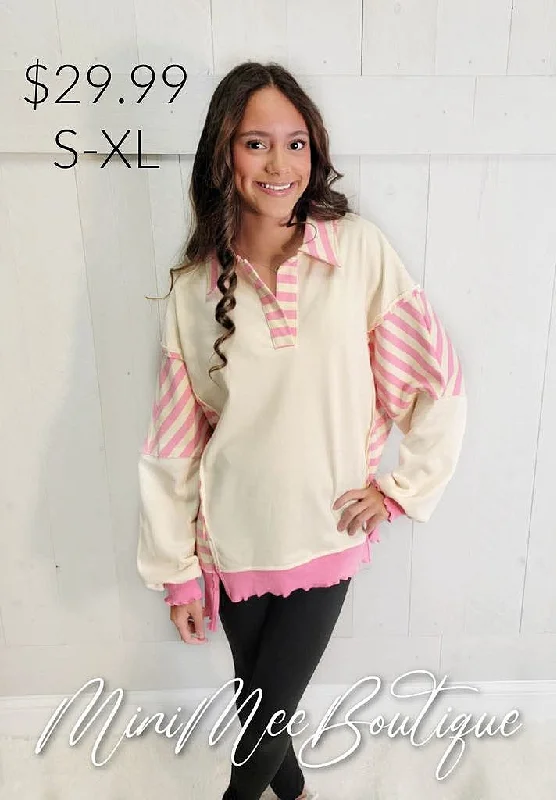 Pink/Cream Pullover One Shoulder Top