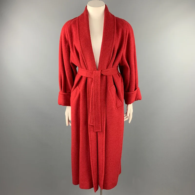 FLEURETTE for I.MAGNIN Size L Red Cashmere Belted Open Front Coat Sequined Lace Ribbed FLEURETTE for I.MAGNIN Size L Red Cashmere Belted Open Front Coat Sequined Lace Ribbed