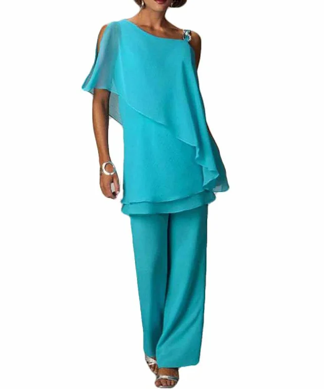 Blue Chiffon 2 Pieces Mother of the Bride Pantsuits Trouser Suits Dressy outfits with Asymmetric Half Sleeves Trousers High Rise Slim Fit
