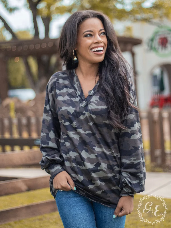 Southern Grace Since You Been Gone Pullover with Balloon Longsleeves and Buttons, Camouflage Cold Shoulder Design Southern Grace Since You Been Gone Pullover with Balloon Longsleeves and Buttons, Camouflage Cold Shoulder Design