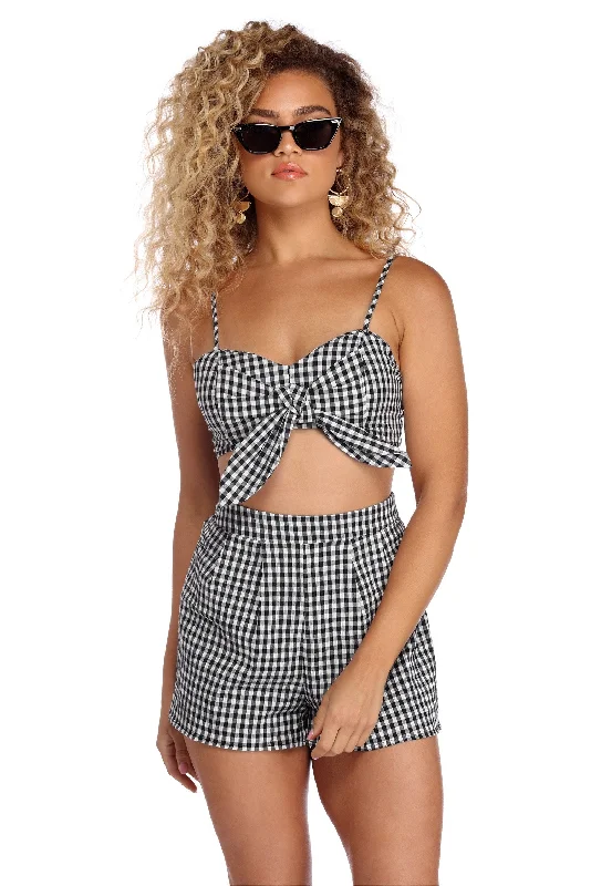 Girly In Gingham Crop Top Print Jacquard Patchwork