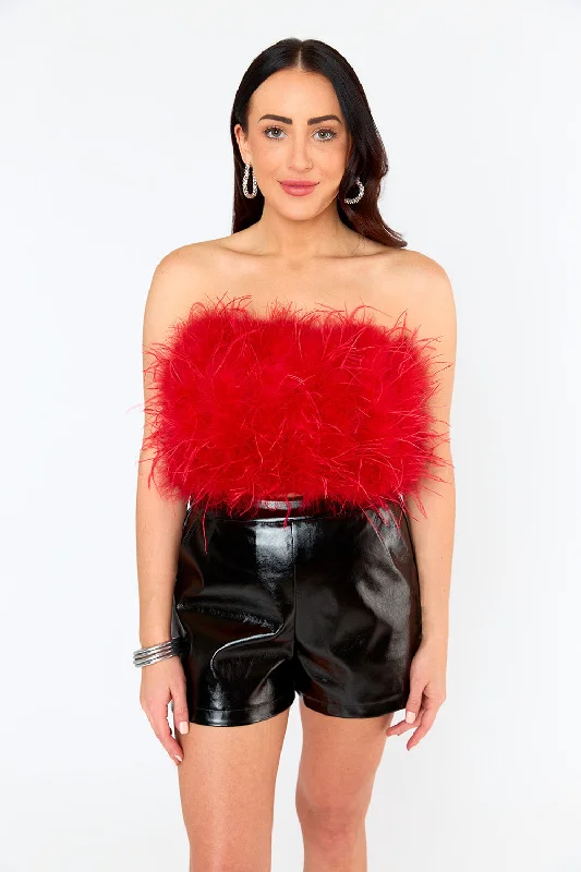 Fancy Strapless Feather Crop Top - Crimson Anti-Shrink Durable Soft
