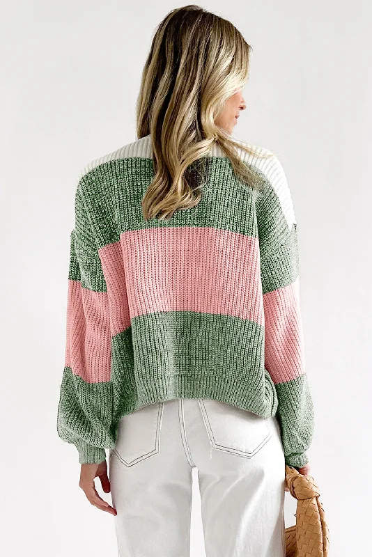 Green Colorblock Drop Shoulder Pullover Loose Sweater Wide Sleeve Pullover