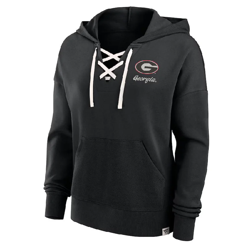 Georgia Bulldogs Fanatics Women's Heritage Original Script Lace-Up Pullover Hoodie - Black Tapered Sleeve Pullover Georgia Bulldogs Fanatics Women's Heritage Original Script Lace-Up Pullover Hoodie - Black Tapered Sleeve Pullover