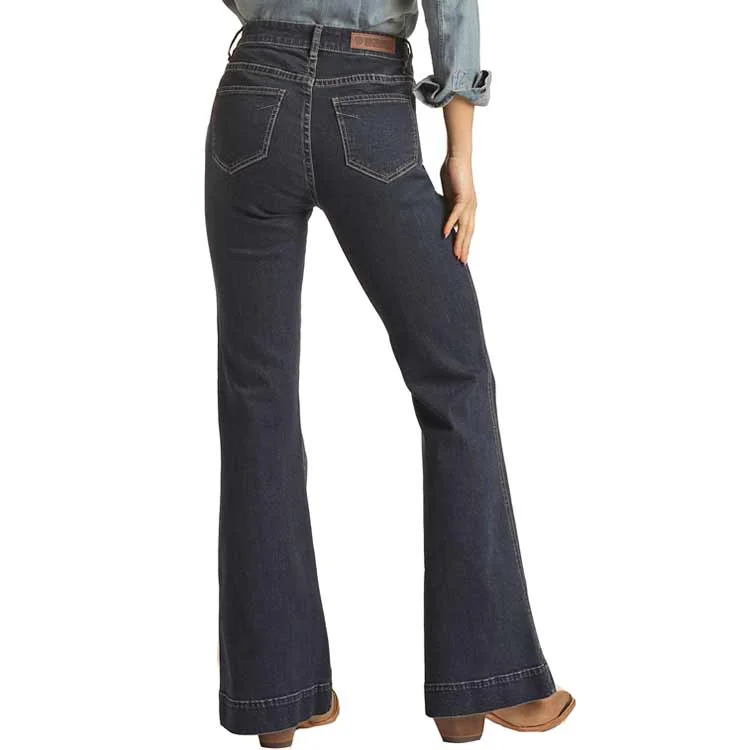 Rock & Roll Denim Women's High Rise Triple Button Trouser Jeans Cropped Trousers Casual Linen