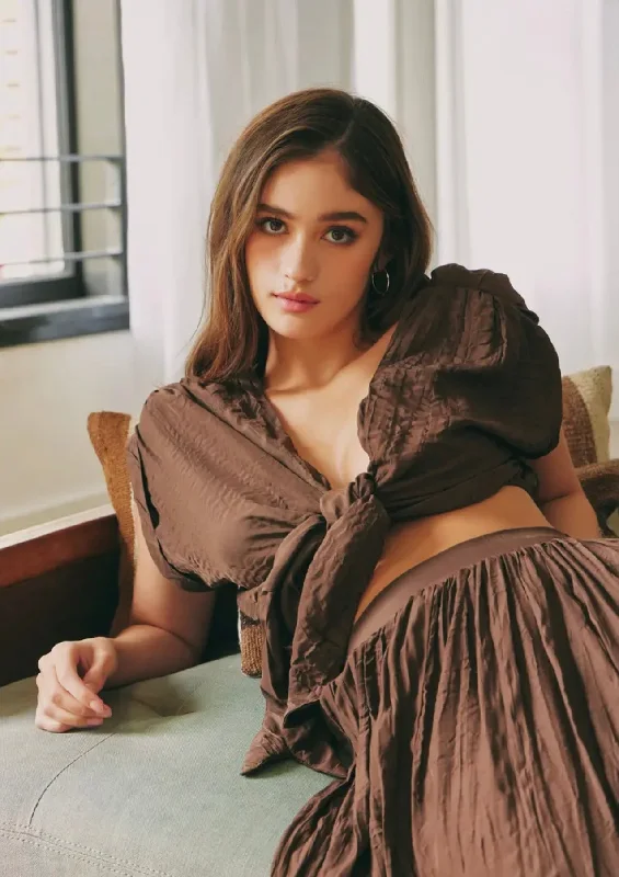 MS Brown Front Tie Crop Top Chenille Brocade Lace