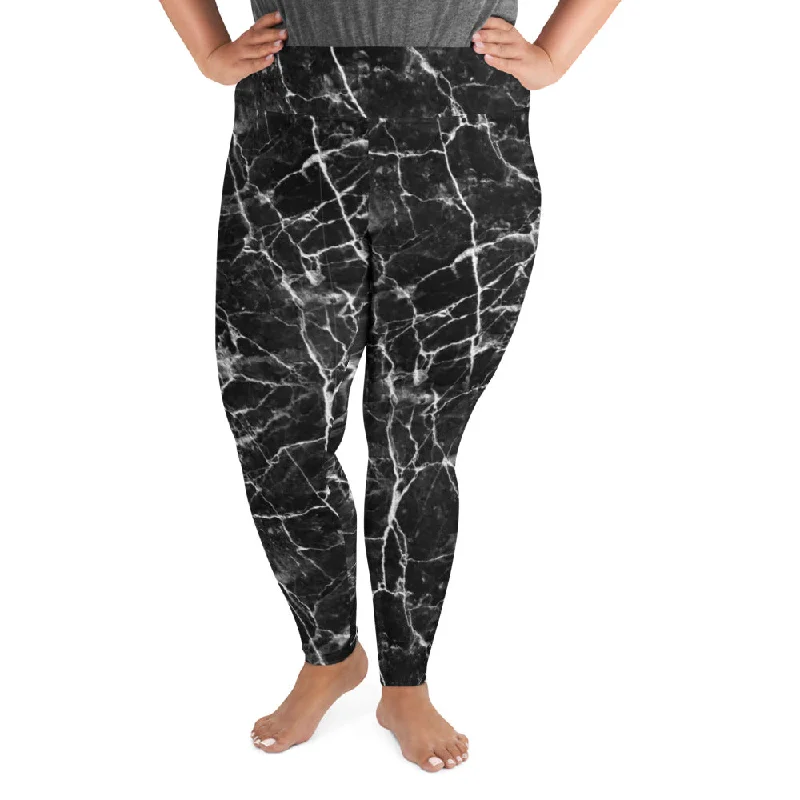 Black Onyx Marble Plus Size Leggings Fashionable Lacy Detail Leggings