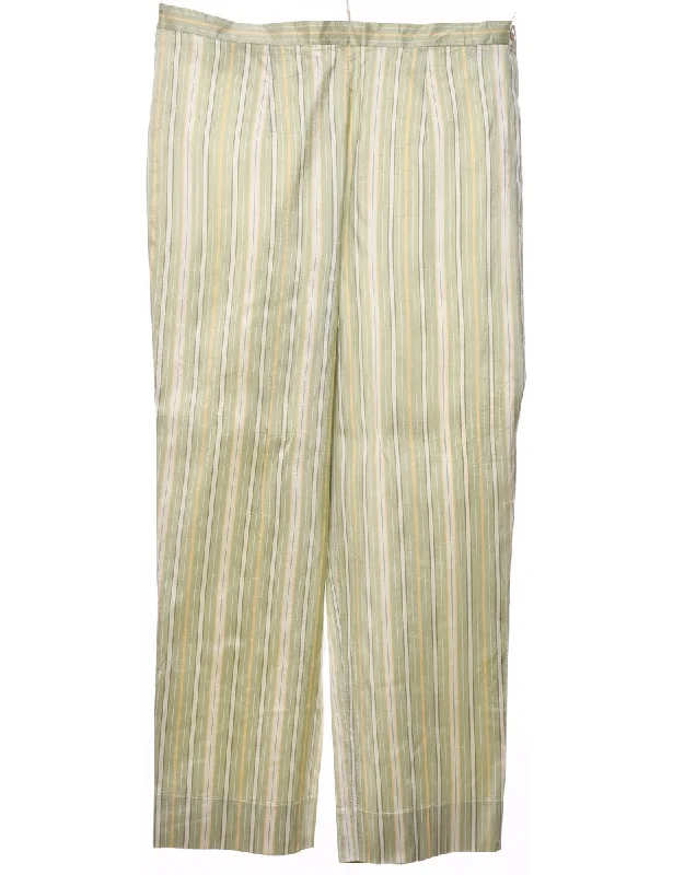 Striped Light Green, White & Yellow 100% Silk Trousers - W32 L26 Trousers Flared Retro