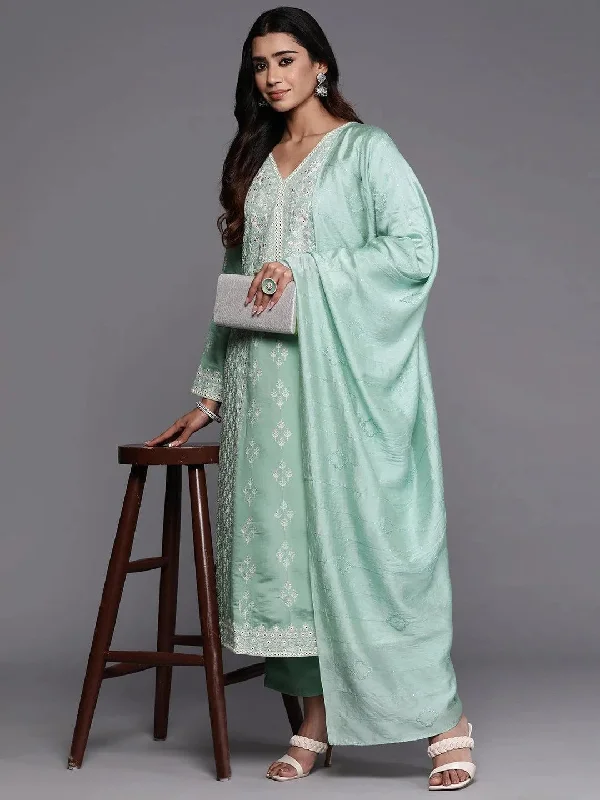 Libas Art Sea Green Embroidered Silk Blend A-Line Kurta With Trousers & Dupatta Trousers stylish elegant Libas Art Sea Green Embroidered Silk Blend A-Line Kurta With Trousers & Dupatta Trousers stylish elegant
