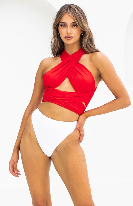 Vera Wrap Crop Top Red Zippered Front Buttoned Front Snap Front