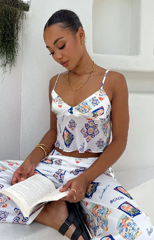 Kyrah White Satin Italia Print Crop Top Summer Crop Top Casual Short Sleeve