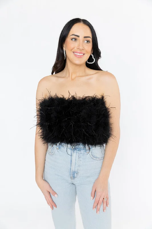 Fancy Strapless Feather Crop Top - Noir Real Fur Shearling Chenille