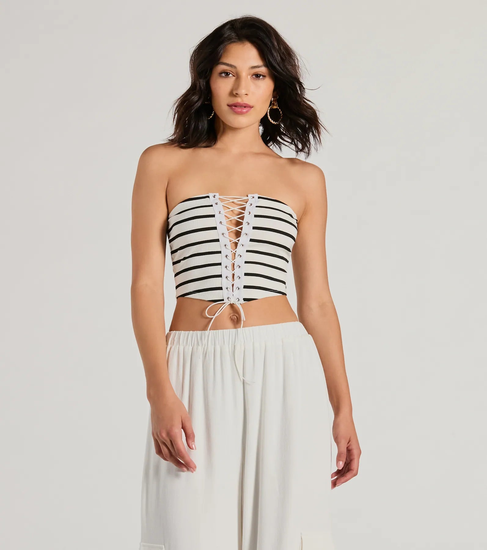 Bold Babe Strapless Lace-Up Striped Crop Top Chenille Blend Fleece Blend Nylon Blend