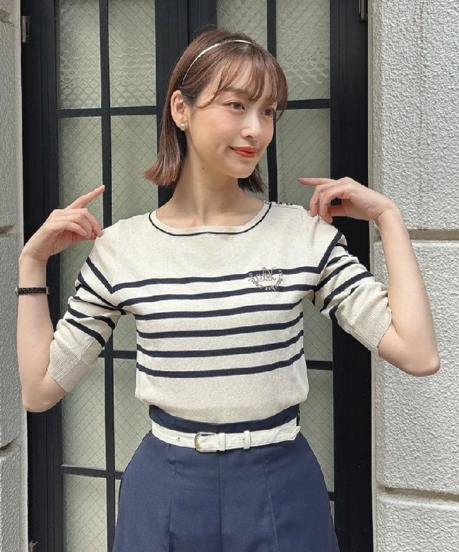 Logo Embroidery Striped Knit Pullover Bell Sleeve Stylish