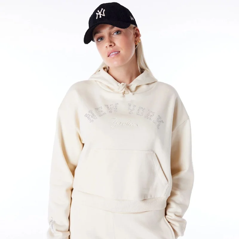 New York Yankees Womens MLB Diamante Stone Pullover Hoodie Shirred Sleeve Feminine